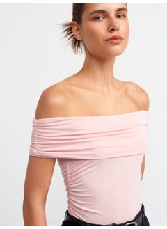 Dilvin 30902 Off Shoulder Gathered Top-Powder  - Image 4
