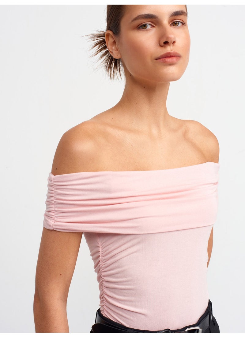 Dilvin 30902 Off Shoulder Gathered Top-Powder  - Image 4