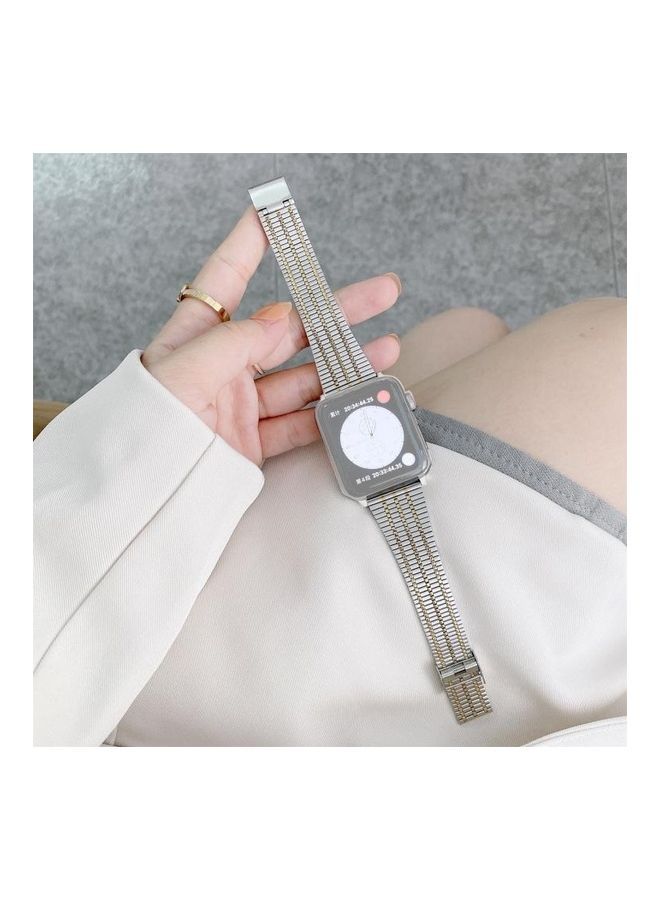 NIBEMINENT colour Matching Seven Beads Steel Replacement Strap Watchband For Apple Watch Series 7/6/5/4/3/2/1/SE 41/40/38mm Silver/Golden  - Image 1