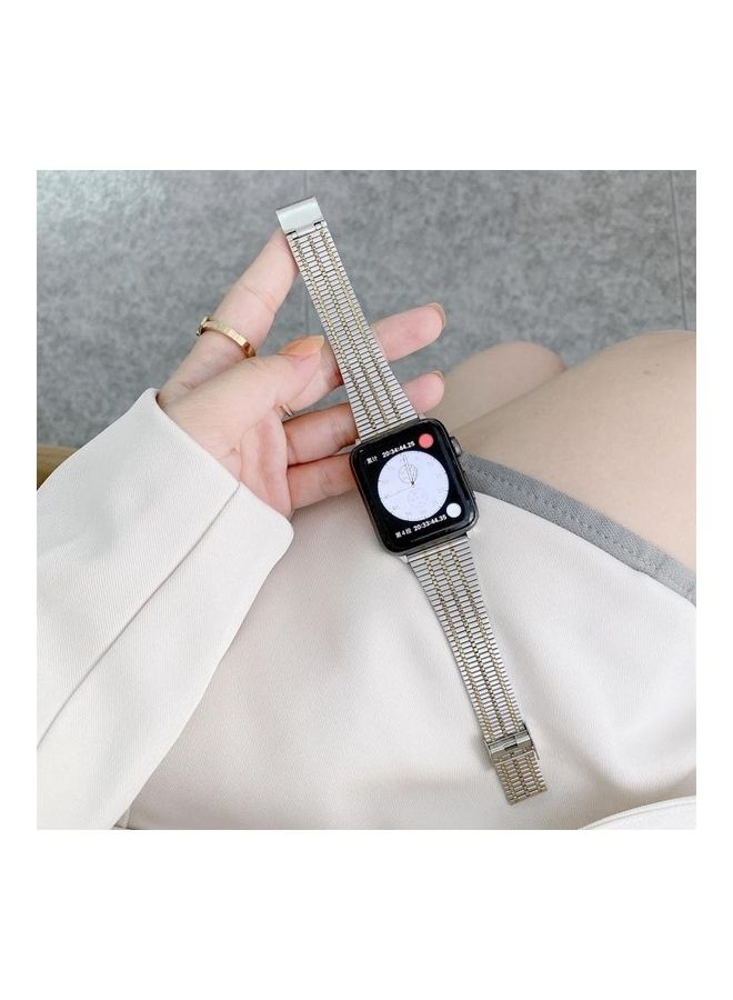 NIBEMINENT colour Matching Seven Beads Steel Replacement Strap Watchband For Apple Watch Series 7/6/5/4/3/2/1/SE 41/40/38mm Silver/Golden  - Image 2