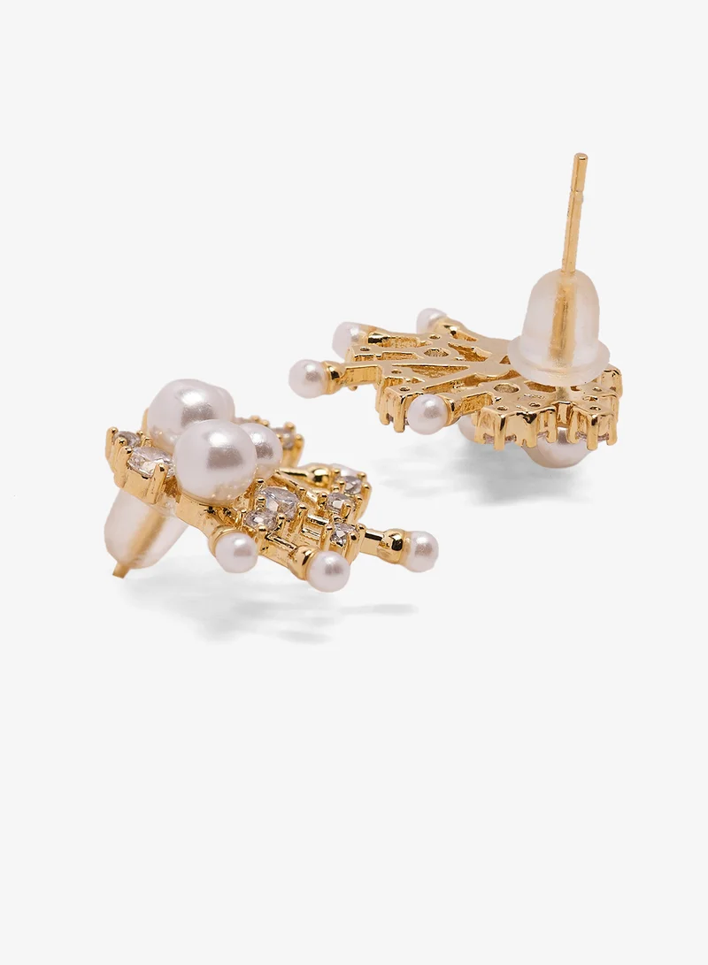 خزانة Pearl And Rhinestone Detailed Gold Accent Small Stud Earrings