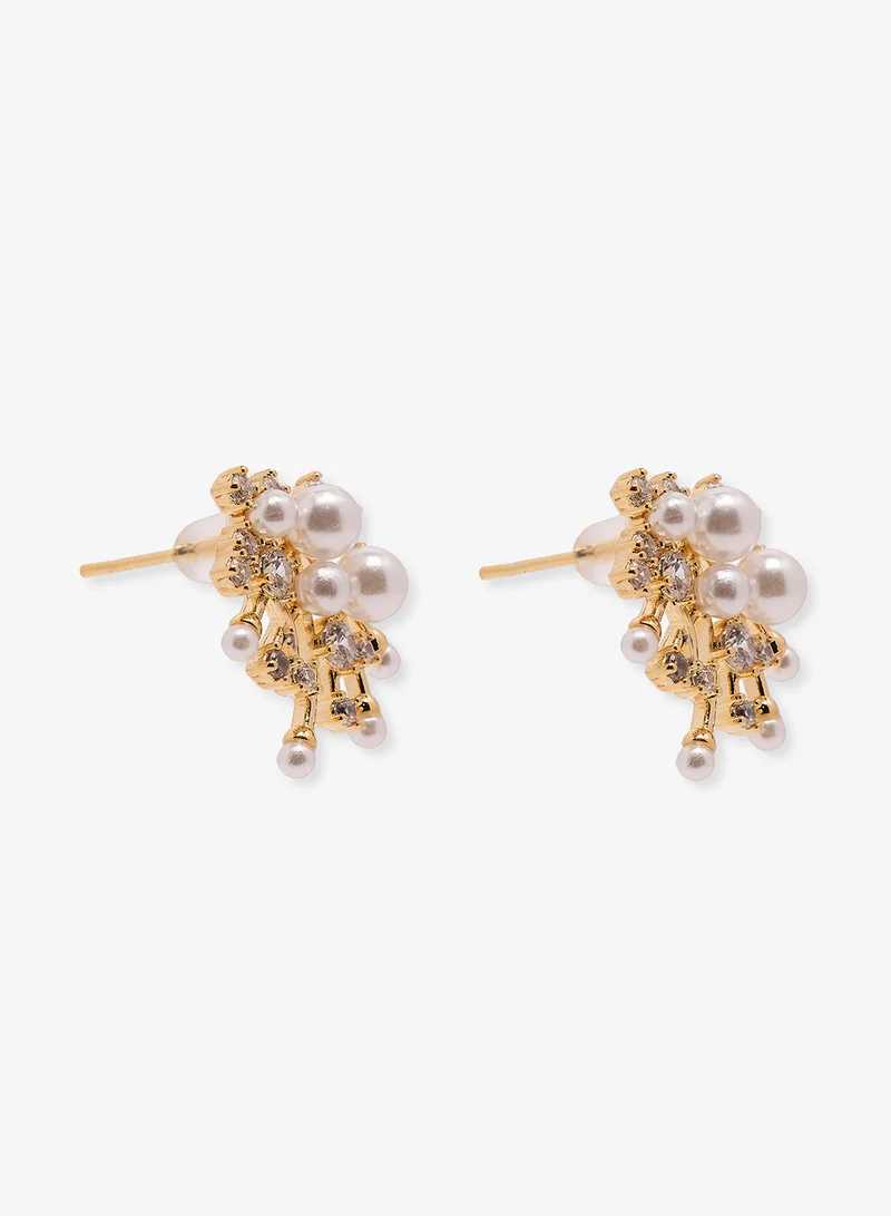 خزانة Pearl And Rhinestone Detailed Gold Accent Small Stud Earrings