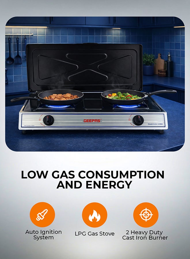 GEEPAS Stainless Steel Gas Cooker With Top Cover | 2 Heavy Duty Cast Iron Burner With Electroplated Pan Support| Low Gas Consumption And Energy Efficient Burners| Auto Ignition System, LPG Gas Stove, Perfect For Homes, Apartments, 2 Years Warranty 2 GGC31069 silver - Image 5