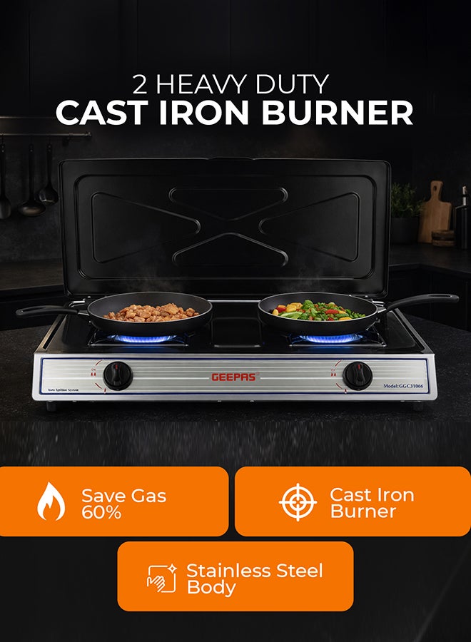 GEEPAS Stainless Steel Gas Cooker With Top Cover | 2 Heavy Duty Cast Iron Burner With Electroplated Pan Support| Low Gas Consumption And Energy Efficient Burners| Auto Ignition System, LPG Gas Stove, Perfect For Homes, Apartments, 2 Years Warranty 2 GGC31069 silver - Image 3