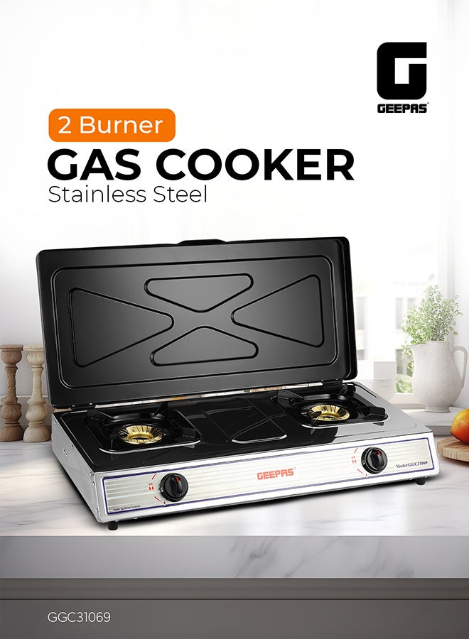 GEEPAS Stainless Steel Gas Cooker With Top Cover | 2 Heavy Duty Cast Iron Burner With Electroplated Pan Support| Low Gas Consumption And Energy Efficient Burners| Auto Ignition System, LPG Gas Stove, Perfect For Homes, Apartments, 2 Years Warranty 2 GGC31069 silver - Image 2