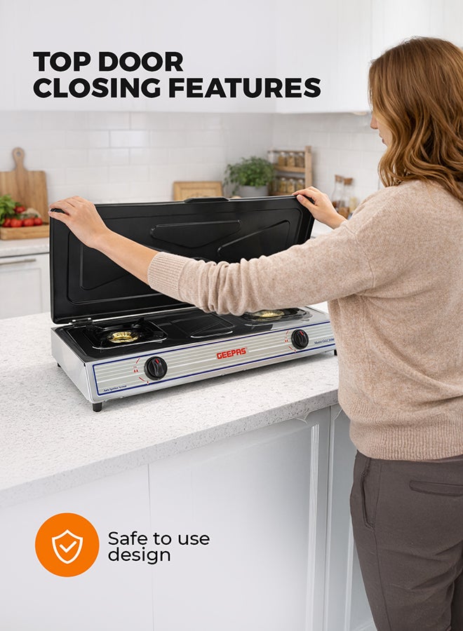 GEEPAS Stainless Steel Gas Cooker With Top Cover | 2 Heavy Duty Cast Iron Burner With Electroplated Pan Support| Low Gas Consumption And Energy Efficient Burners| Auto Ignition System, LPG Gas Stove, Perfect For Homes, Apartments, 2 Years Warranty 2 GGC31069 silver - Image 4