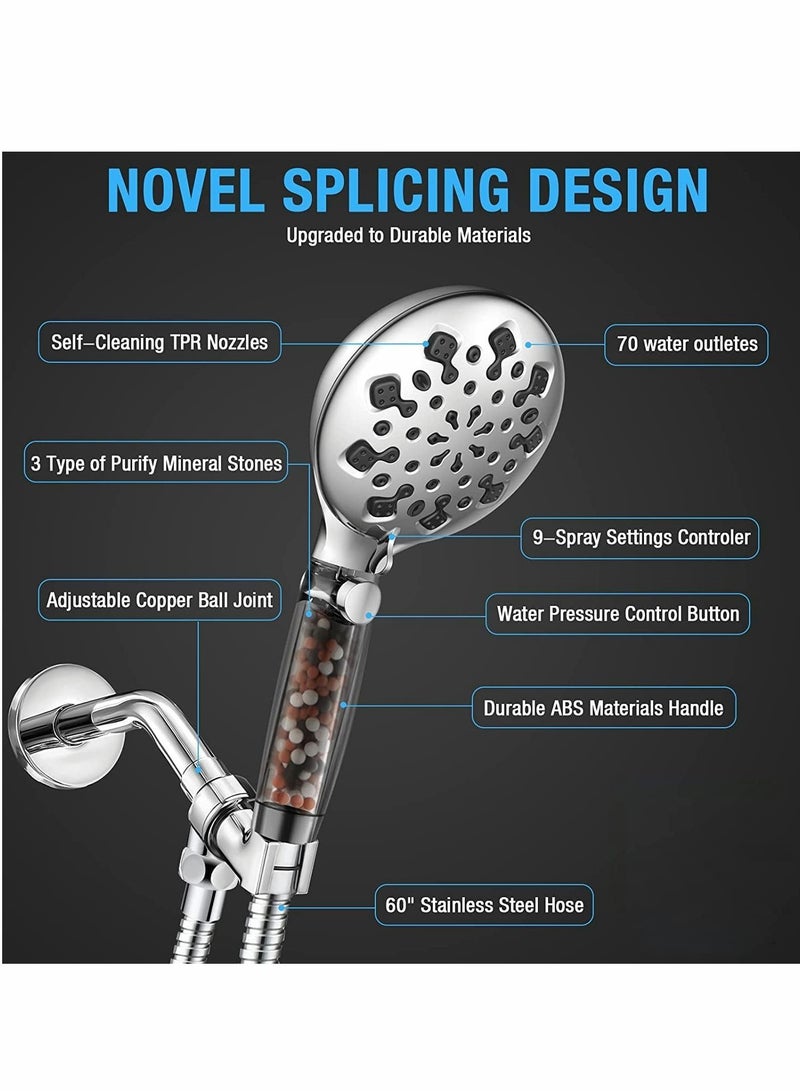 NIBEMINENT Shower Head with Filter, High Pressure Showerhead 9 Adjustable Spray Modes Handheld, Universal Water Saving Showerheads for Dry Skin Hair, Power Wash Mode to Clean Tub, Tile, Pets  - Image 5