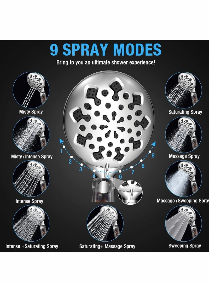 NIBEMINENT Shower Head with Filter, High Pressure Showerhead 9 Adjustable Spray Modes Handheld, Universal Water Saving Showerheads for Dry Skin Hair, Power Wash Mode to Clean Tub, Tile, Pets  - Image 4
