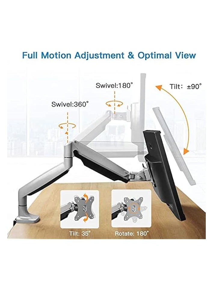 PROMASS Adjustable Articulating Gas Spring Monitor Arm With Clamp And Grommet Base For 13 to 27in LCD Monitors Upto 14.3lbs - Silver - Image 3