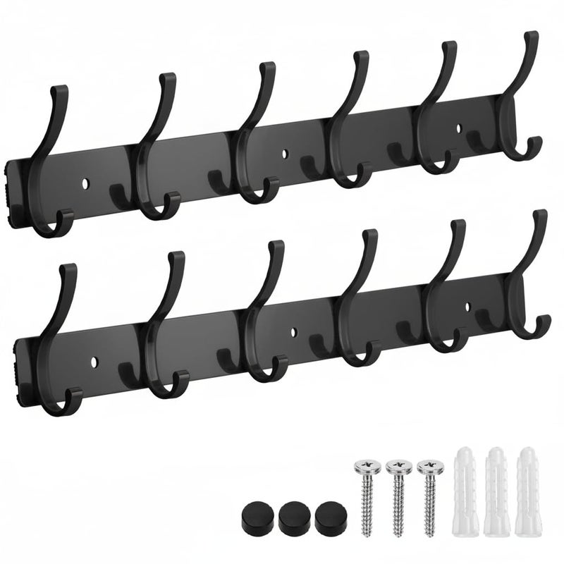 Dntorx Coat Rack Wall Mount, 2 Pack Coat Hooks Hanger Wall Double Hook Rack Rail Towel Hat Rack Entryway Bathroom Hanger Organizer for Robes, Clothes, Bags, Hat(Black) - Image 1
