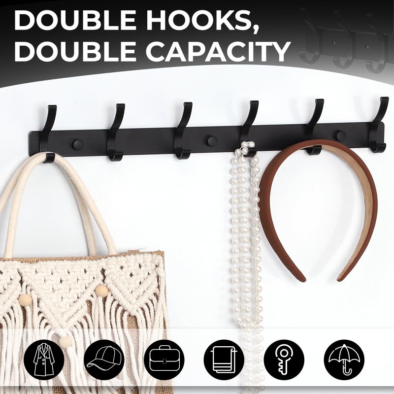Dntorx Coat Rack Wall Mount, 2 Pack Coat Hooks Hanger Wall Double Hook Rack Rail Towel Hat Rack Entryway Bathroom Hanger Organizer for Robes, Clothes, Bags, Hat(Black) - Image 4