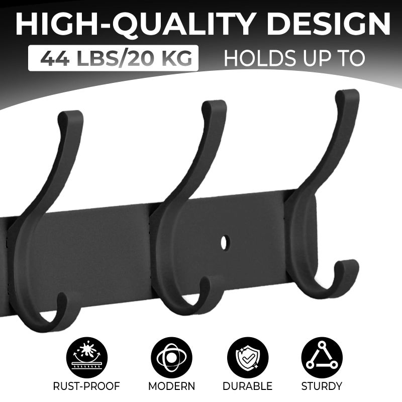 Dntorx Coat Rack Wall Mount, 2 Pack Coat Hooks Hanger Wall Double Hook Rack Rail Towel Hat Rack Entryway Bathroom Hanger Organizer for Robes, Clothes, Bags, Hat(Black) - Image 3