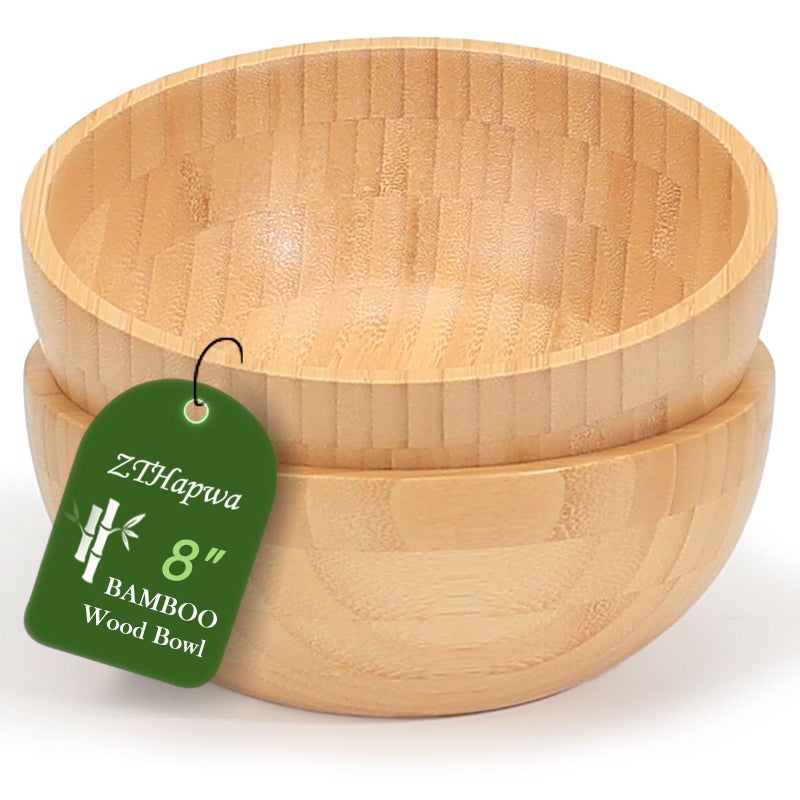 ZTHapwa Bamboo Salad Bowls 8 Inch Big Round Bamboo Wooden Bowls for SaladsFruitsPastaVegetables 49 Fl oz Handcraft Serving Bowl for Entertaining and Party Rustic Home Decor Set of 2 - Image 2