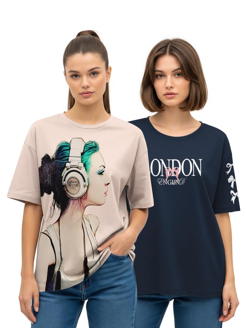 HELLCAT Multicolor Printed Oversized T-Shirt for Women |Pack of 2 T-Shirt_Red/Yollow_Small - Image 5