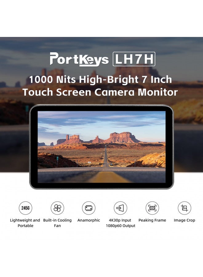 PortKeys شاشة مراقبة كاميرا Portkeys LH7H 7" 1000nit تعمل باللمس إطار ثابت FHD 1080P60 3D LUT ARRI لون زائف لكاميرات DSLR (رمادي داكن) - Image 1