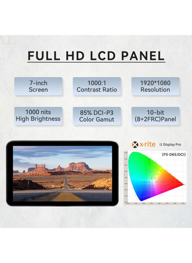 PortKeys شاشة مراقبة كاميرا Portkeys LH7H 7" 1000nit تعمل باللمس إطار ثابت FHD 1080P60 3D LUT ARRI لون زائف لكاميرات DSLR (رمادي داكن) - Image 2
