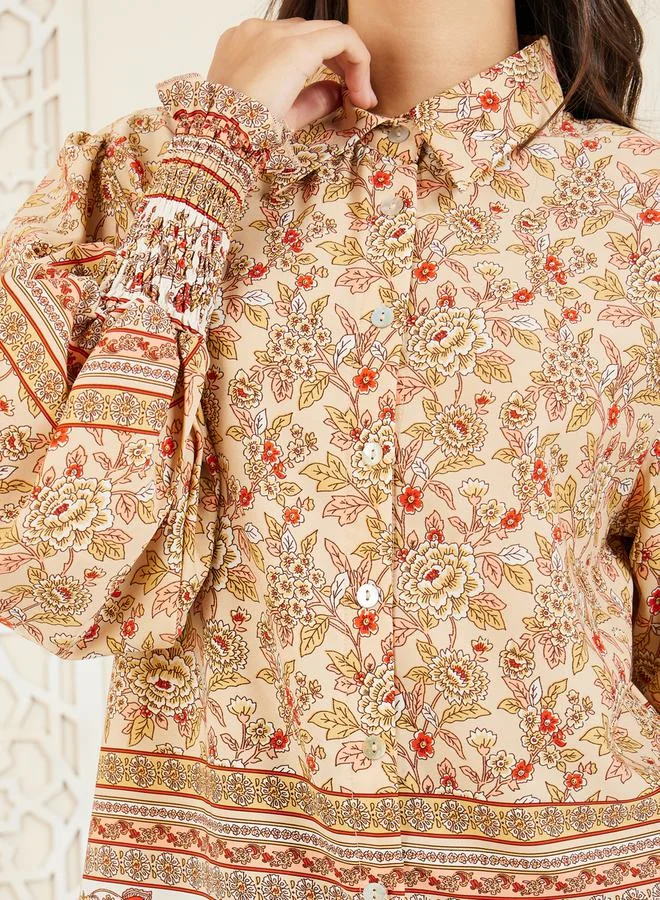 Styli Regular Fit Floral Print Curved Hem Shirt