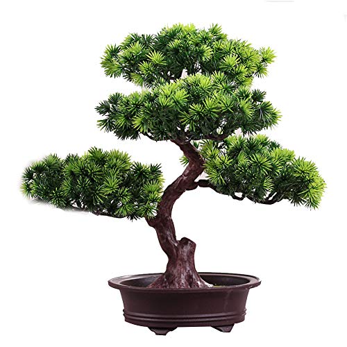 KOET Artificial Bonsai Pine Tree, 11Inch Faux Potted Plant Desk Display Fake Tree Pot Ornaments, Japanese Cedar Bonsai Plant for Home, Office Decoration - Image 1