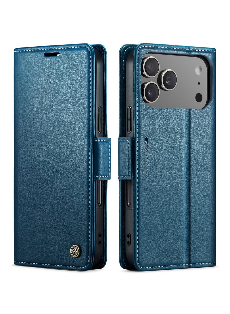 CaseMe Phone Case Luxury PU Leather Design Anti Fingerprint 023 Flip Cover Card Slot Holder Cover For IPhone 17 Pro Max (Blue) - Image 1
