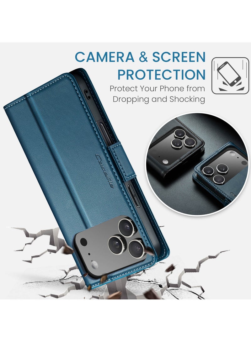 CaseMe Phone Case Luxury PU Leather Design Anti Fingerprint 023 Flip Cover Card Slot Holder Cover For IPhone 17 Pro Max (Blue) - Image 5