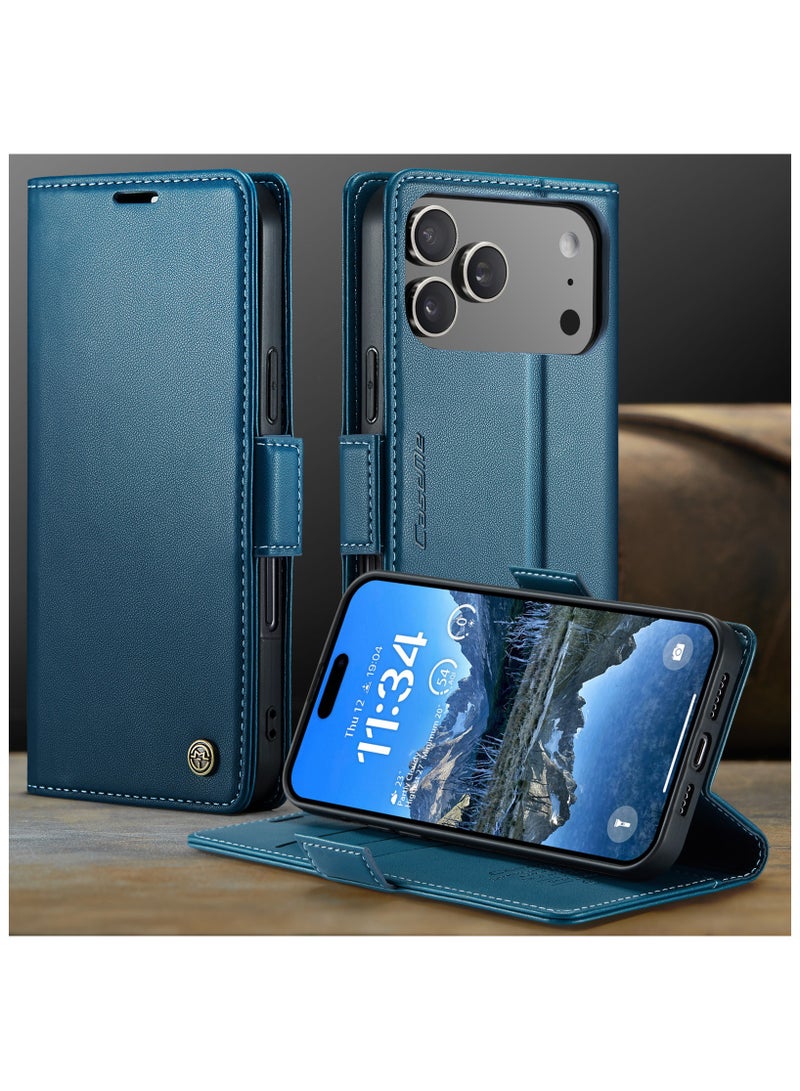 CaseMe Phone Case Luxury PU Leather Design Anti Fingerprint 023 Flip Cover Card Slot Holder Cover For IPhone 17 Pro Max (Blue) - Image 2
