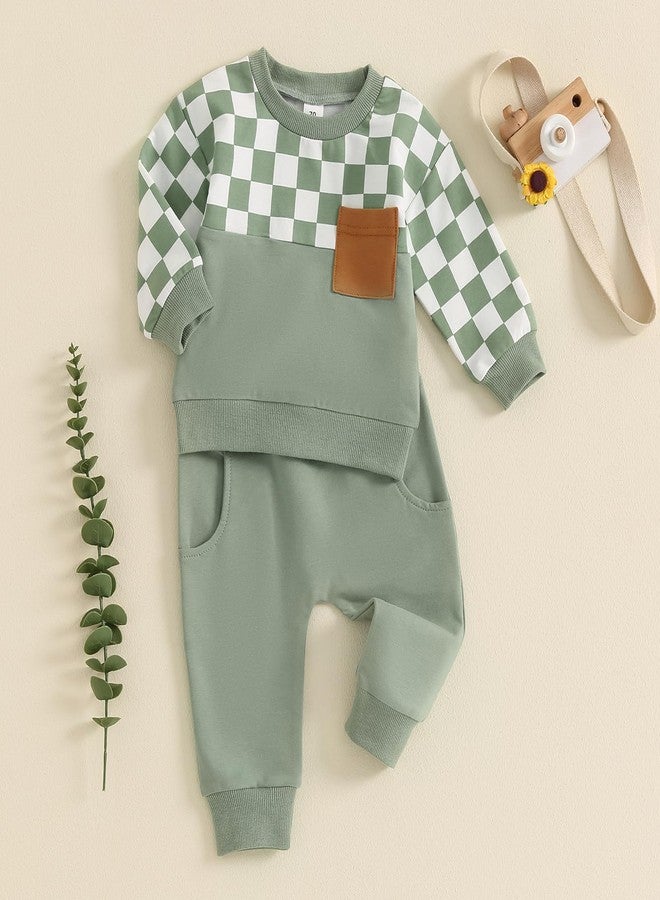 MoZiKQin Toddler Baby Boy Fall Clothes Checkered Color Block Long Sleeve Sweatshirt with Solid Pants 2Pcs Winter Outfits (Green Plaid, 12-18 Months) - Image 2
