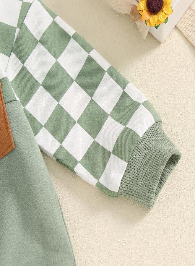 MoZiKQin Toddler Baby Boy Fall Clothes Checkered Color Block Long Sleeve Sweatshirt with Solid Pants 2Pcs Winter Outfits (Green Plaid, 12-18 Months) - Image 5