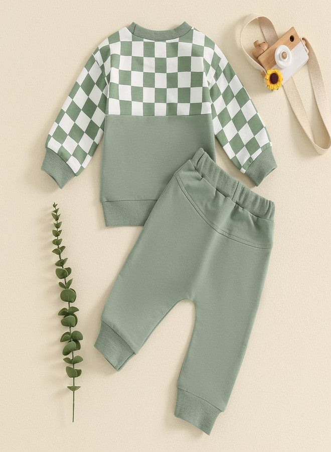 MoZiKQin Toddler Baby Boy Fall Clothes Checkered Color Block Long Sleeve Sweatshirt with Solid Pants 2Pcs Winter Outfits (Green Plaid, 12-18 Months) - Image 3