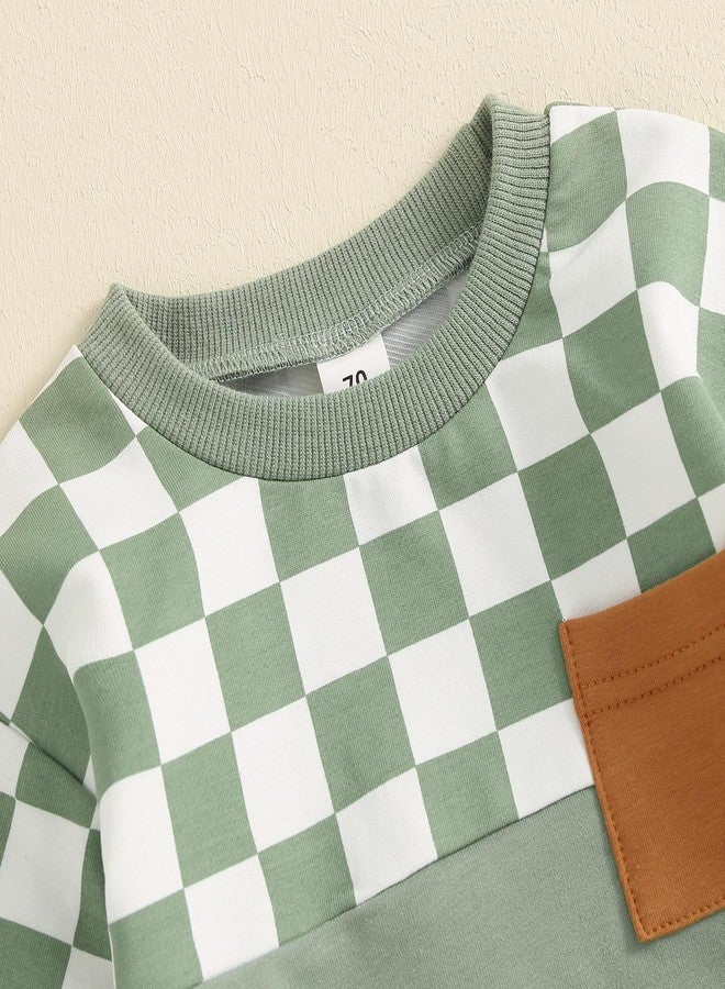 MoZiKQin Toddler Baby Boy Fall Clothes Checkered Color Block Long Sleeve Sweatshirt with Solid Pants 2Pcs Winter Outfits (Green Plaid, 12-18 Months) - Image 4
