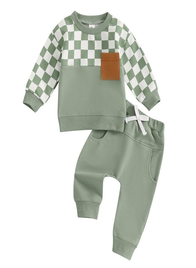 MoZiKQin Toddler Baby Boy Fall Clothes Checkered Color Block Long Sleeve Sweatshirt with Solid Pants 2Pcs Winter Outfits (Green Plaid, 12-18 Months) - Image 1