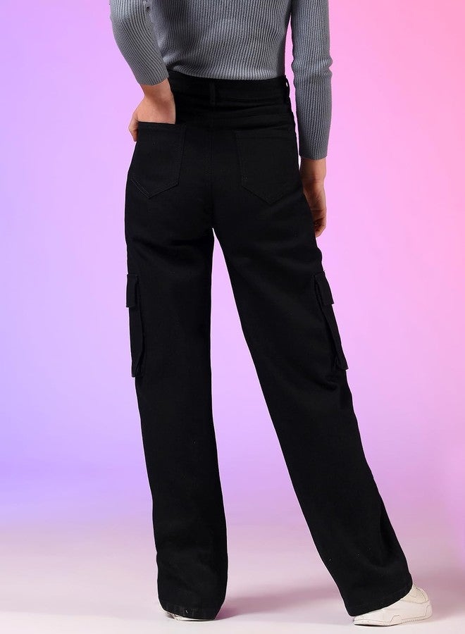 KOTTY Women's Jean Straight Fit High-Rise Low Distress Stretchable Cargo Jeans(Black,28) - Image 5