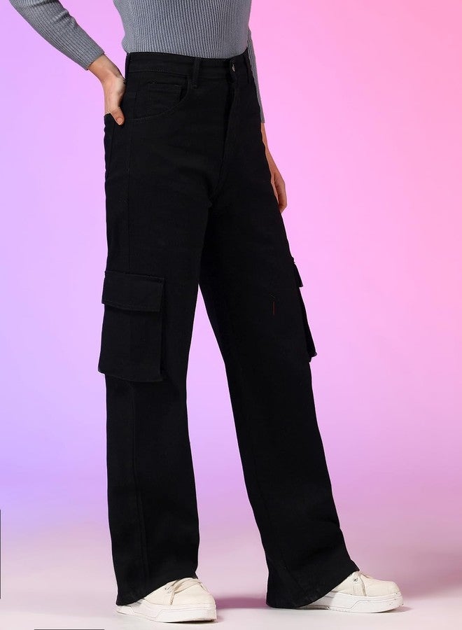 KOTTY Women's Jean Straight Fit High-Rise Low Distress Stretchable Cargo Jeans(Black,28) - Image 2