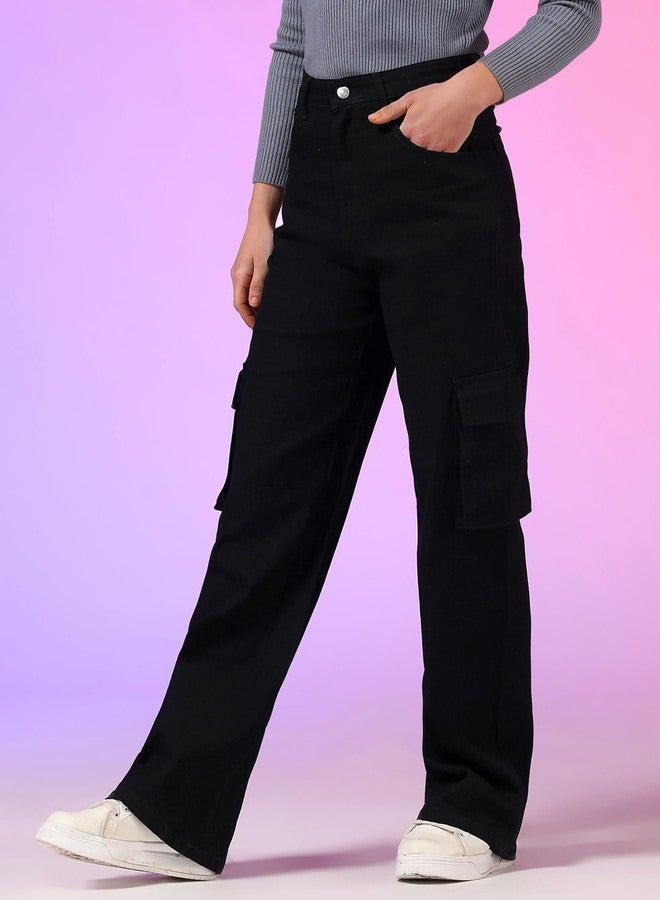 KOTTY Women's Jean Straight Fit High-Rise Low Distress Stretchable Cargo Jeans(Black,28) - Image 3