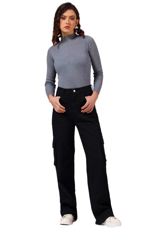 KOTTY Women's Jean Straight Fit High-Rise Low Distress Stretchable Cargo Jeans(Black,28) - Image 1