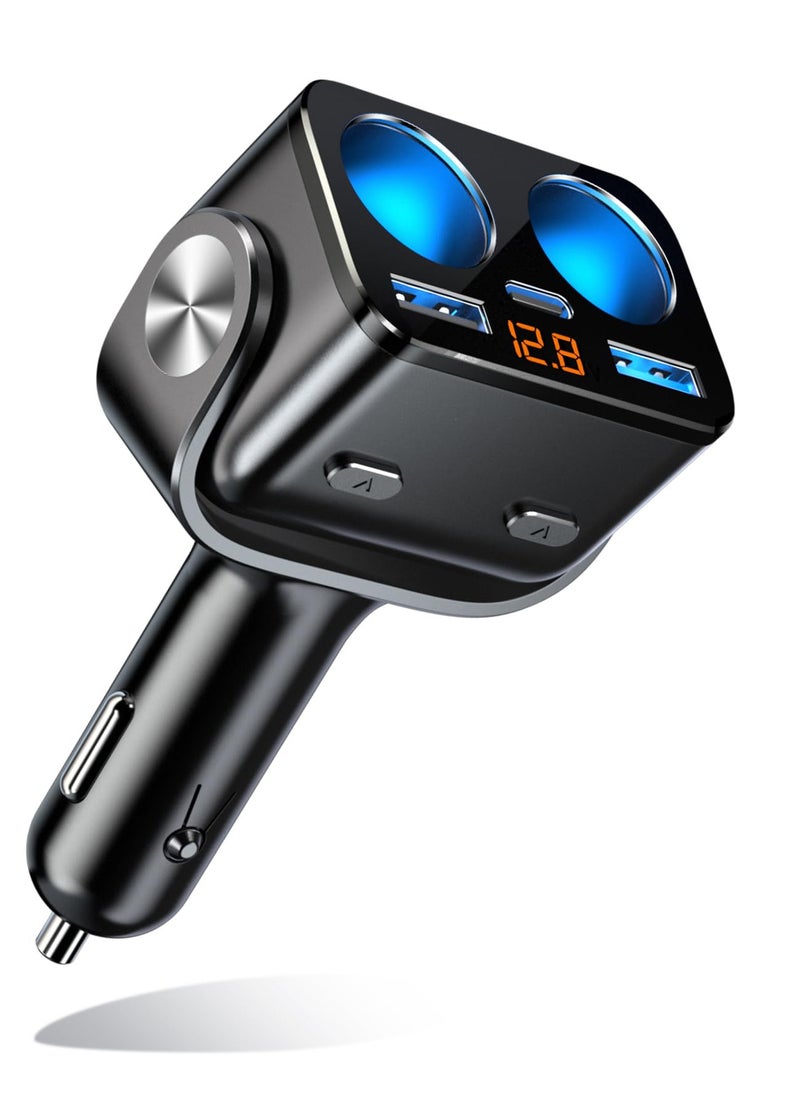 اوزيو - شاحن سيارة 5 في 1 USB C شاحن سيارة 5 في 1 مع شاشة مراقبة الجهد، شاحن ولاعة سجائر سريع الشحن من بوفاي بمقبسين، محول ولاعة سجائر مزدوج للسيارة، مقسم 12 فولت/24 فولت لهاتف كاميرا السيارة - Image 1