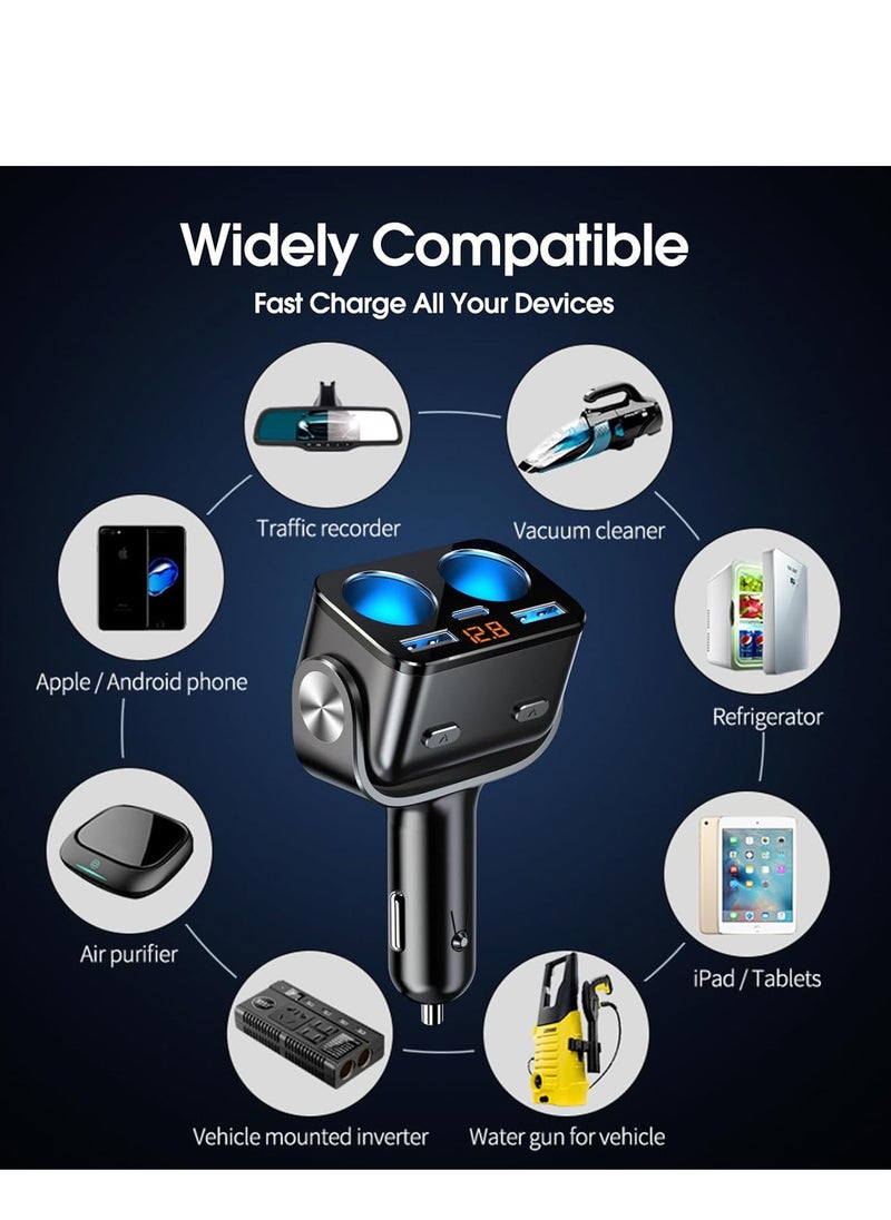 اوزيو - شاحن سيارة 5 في 1 USB C شاحن سيارة 5 في 1 مع شاشة مراقبة الجهد، شاحن ولاعة سجائر سريع الشحن من بوفاي بمقبسين، محول ولاعة سجائر مزدوج للسيارة، مقسم 12 فولت/24 فولت لهاتف كاميرا السيارة - Image 1