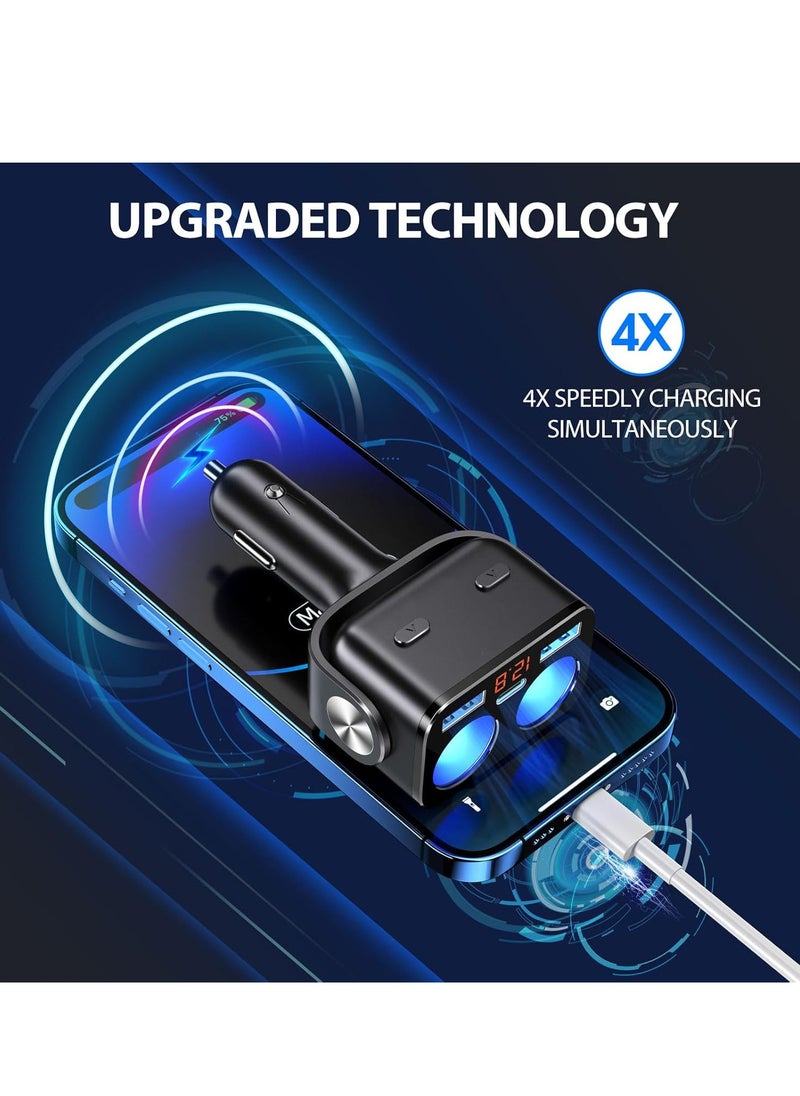 اوزيو - شاحن سيارة 5 في 1 USB C شاحن سيارة 5 في 1 مع شاشة مراقبة الجهد، شاحن ولاعة سجائر سريع الشحن من بوفاي بمقبسين، محول ولاعة سجائر مزدوج للسيارة، مقسم 12 فولت/24 فولت لهاتف كاميرا السيارة - Image 1