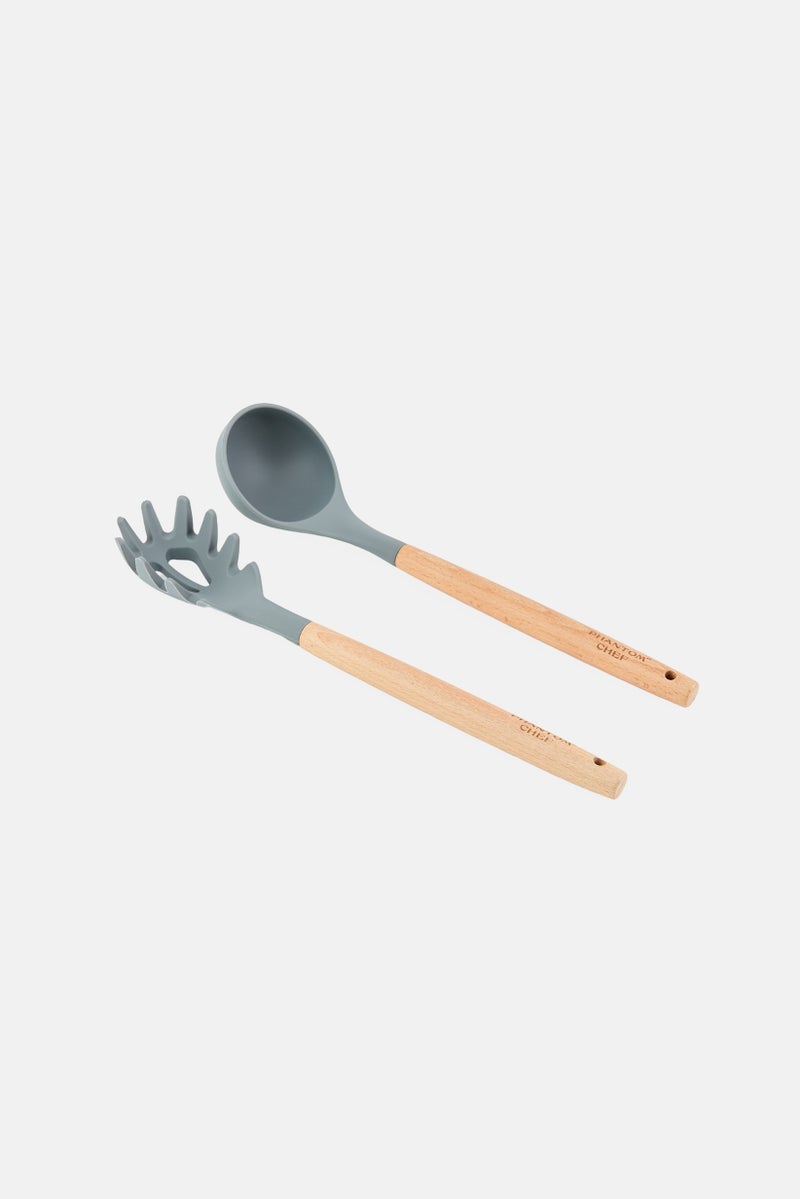 Phantom Chef 2 Pcs Silicone And Wood Pasta And Ladle Set, Multicolor - Image 2