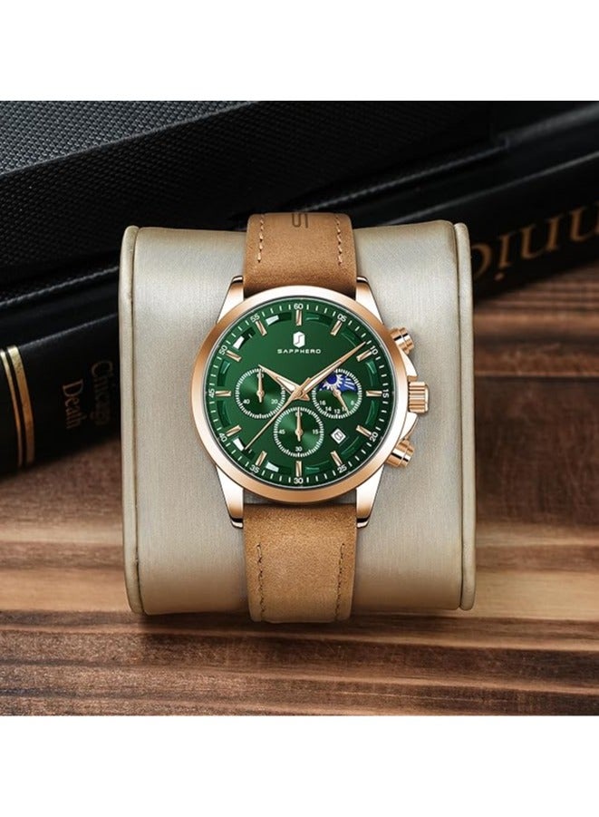 Sapphero Mens Watches Multifunction Chronograph Date Quartz Watch for Men Brown Leather Band Analog Wrist Watch Gift for Men Casual Business  - Image 5
