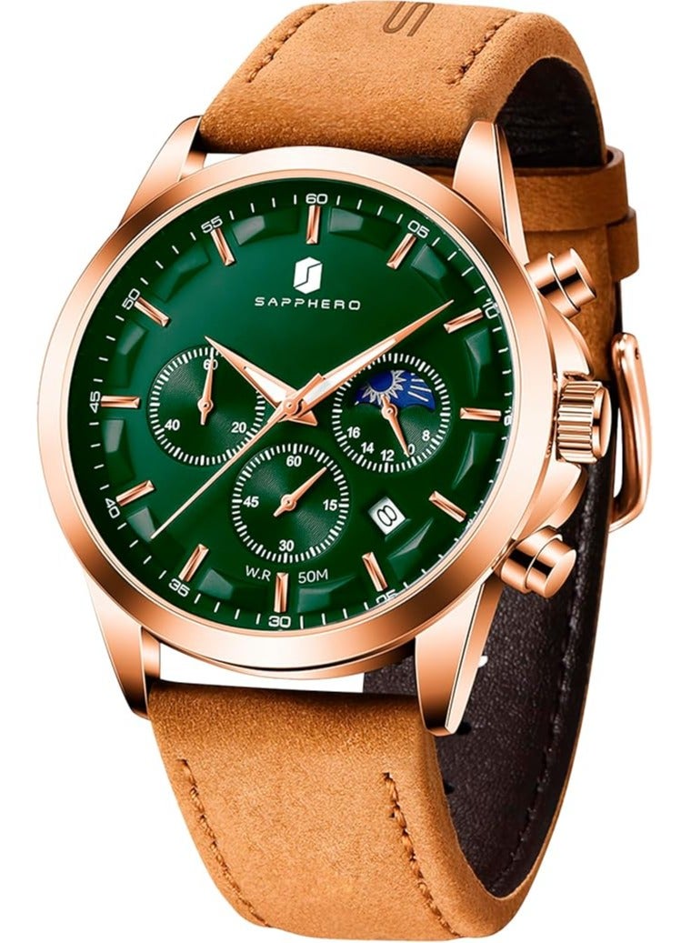 Sapphero Mens Watches Multifunction Chronograph Date Quartz Watch for Men Brown Leather Band Analog Wrist Watch Gift for Men Casual Business  - Image 1