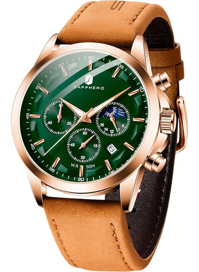 Sapphero Mens Watches Multifunction Chronograph Date Quartz Watch for Men Brown Leather Band Analog Wrist Watch Gift for Men Casual Business - Image 1
