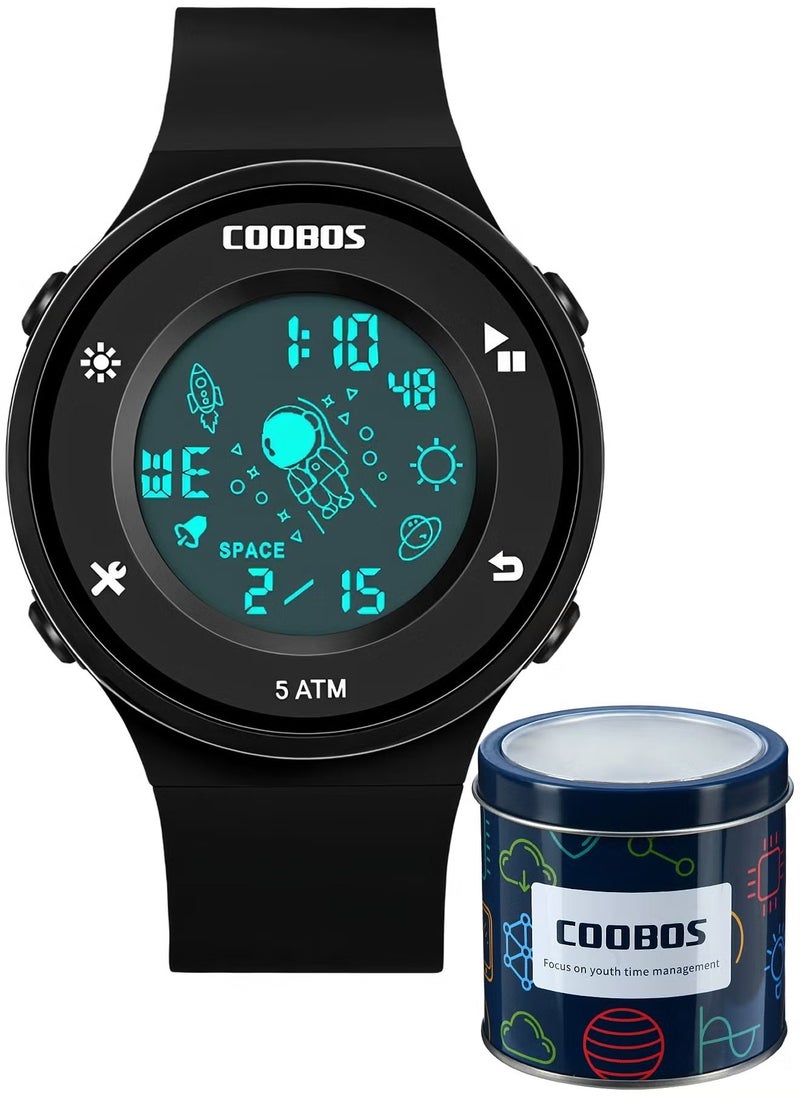 Coobos ساعة رقمية مطاطية مقاومة للماء للأطفال باللون الأسود  - Image 1