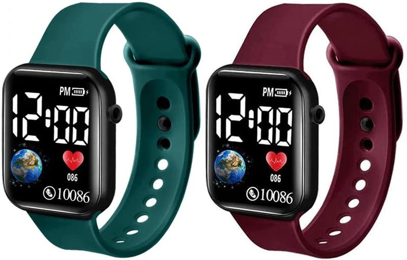 Acnos® Premium Green Brown Colors Luminous LED Display Fashionable Children Kids Digital Watches Waterproof Sports Square Electronic Led Watch for Kids Boy Baby Girls Digital Watch for Kid - Image 1