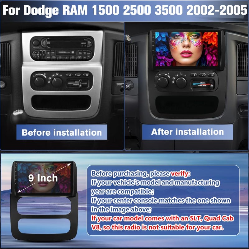 Pyniro Car Radio Stereo Upgrade for Dodge RAM 1500/2500/3500 2002-2005, Android Head Unit with 9 Inch Touch Screen/Backup Camera/Wireless CarPlay & Android Auto/Mirroring/Wi-Fi/Bluetooth/SWC - Image 2