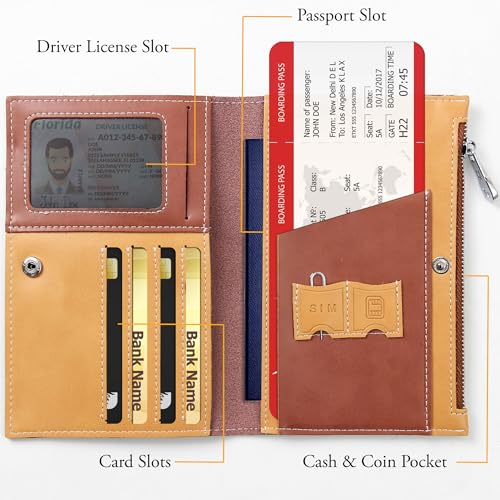 EutDett Passport Wallet for Travel Leather Passport holder for Men and Women Slim Bifold Travel Wallet with Zippered Coins Pocket and SIM Slots Passport Cover Cameo Brown - Image 3
