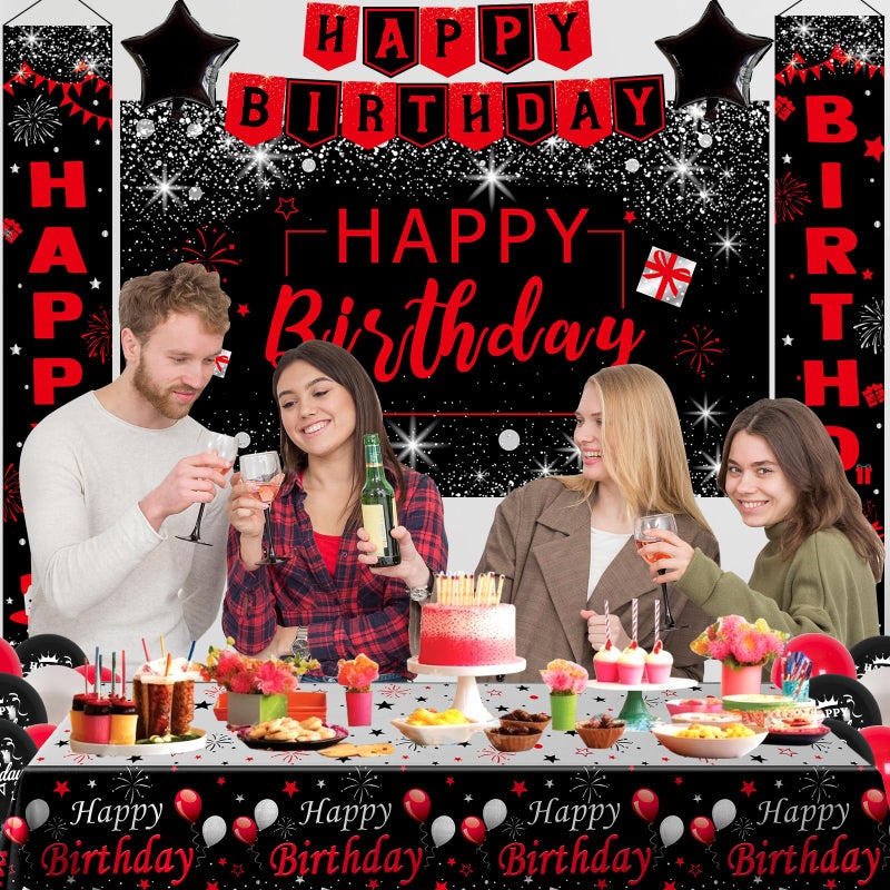 Purtarly Red Black Birthday Decorations for Men Women, Red and Black Party Decorations Happy Birthday Backdrop HAPPY BIRTHDAY Door Banner Bday Balloons Tablecloth Decor for Boys Girls Party Supplies - Image 3