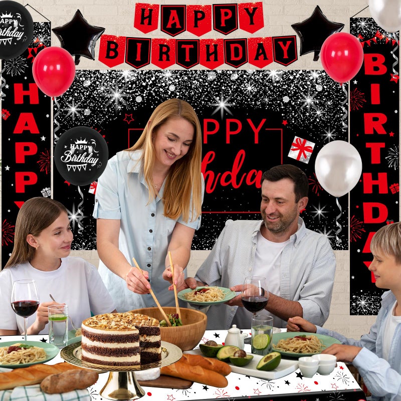 Purtarly Red Black Birthday Decorations for Men Women, Red and Black Party Decorations Happy Birthday Backdrop HAPPY BIRTHDAY Door Banner Bday Balloons Tablecloth Decor for Boys Girls Party Supplies - Image 4