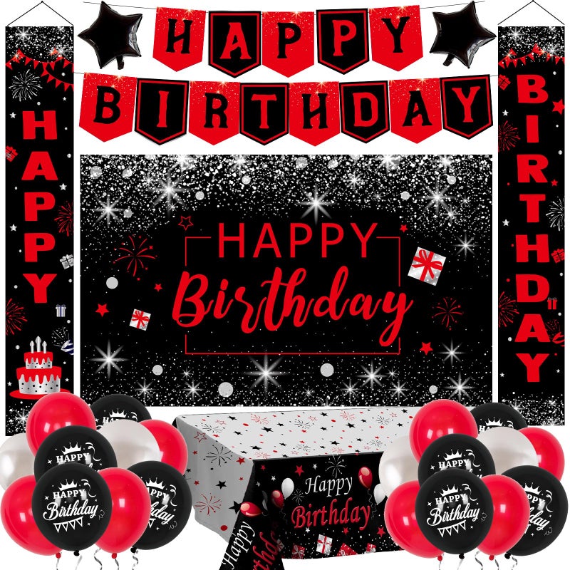 Purtarly Red Black Birthday Decorations for Men Women, Red and Black Party Decorations Happy Birthday Backdrop HAPPY BIRTHDAY Door Banner Bday Balloons Tablecloth Decor for Boys Girls Party Supplies - Image 1
