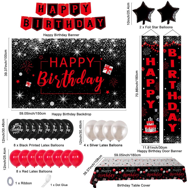 Purtarly Red Black Birthday Decorations for Men Women, Red and Black Party Decorations Happy Birthday Backdrop HAPPY BIRTHDAY Door Banner Bday Balloons Tablecloth Decor for Boys Girls Party Supplies - Image 2