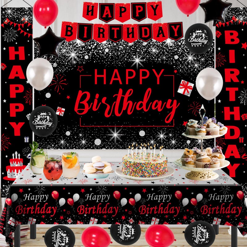 Purtarly Red Black Birthday Decorations for Men Women, Red and Black Party Decorations Happy Birthday Backdrop HAPPY BIRTHDAY Door Banner Bday Balloons Tablecloth Decor for Boys Girls Party Supplies - Image 5